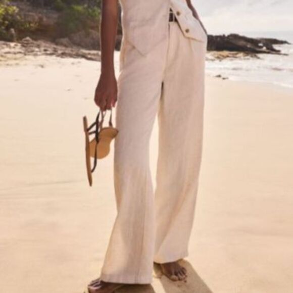 Lands End Pants 100% Linen 18 Off White Beige High waisted Wide Leg Pants New - Picture 1 of 5